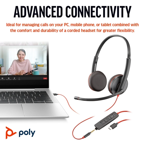 POLY Blackwire 3225 Stereo USB-C Headset +3.5mm Plug +USB-C/A Adapter