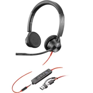 POLY Blackwire 3325 Stereo Microsoft Teams Certified USB-C Headset +3.5mm Plug +USB-C/A Adapter Laisvų rankų įranga Vielinis Su lankeliu Biuras / skambučių centras C tipo USB Juoda