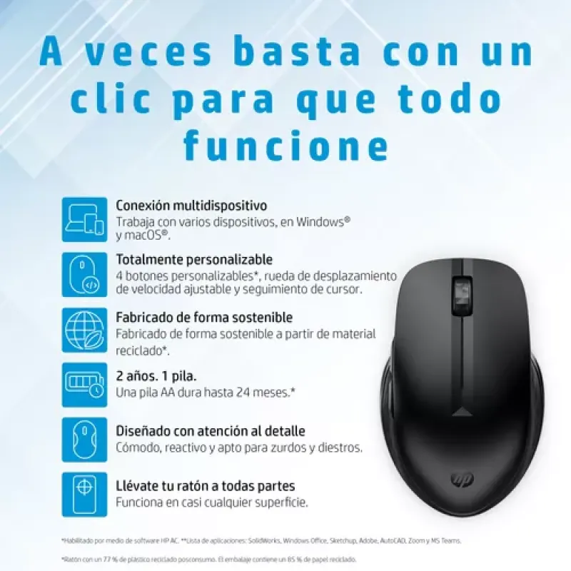 HP 435 Multi-Device Wireless Mouse ratón Oficina Ambidextro RF Wireless + Bluetooth 4000 DPI