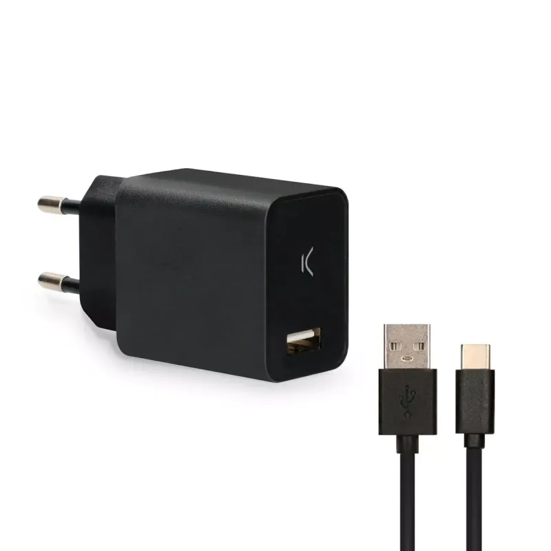 Sieninis įkroviklis + USB A - USB C kabelis KSIX USB Juoda